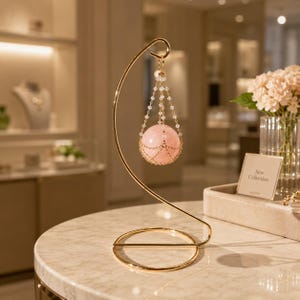 Rose Quartz Crystal Ball Holder Stand, Gold Pendulum Desk Decor
