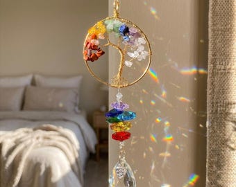 Albero della Vita dei 7 Chakra, acchiappasole in cristallo / Decorazione Boho per il benessere / Regalo per yoga e meditazione