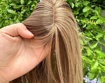 Human Hair Topper with Bangs, 25cm Straight Clip-In Volume Hairpiece for Women