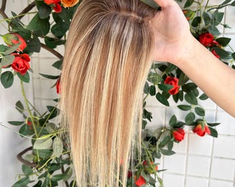 Remy Human Hair Topper, Balayage Blonde Highlights, Mono Base, 12" Length