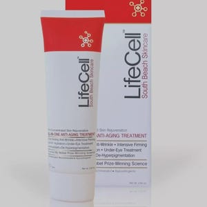 May include: A white and red tube and matching box of LifeCell South Beach Skincare All-In-One Anti-Aging Treatment. The packaging features the brand name, a molecular icon, and text detailing benefits like anti-wrinkle and firming, with a net weight of 2.54 oz.