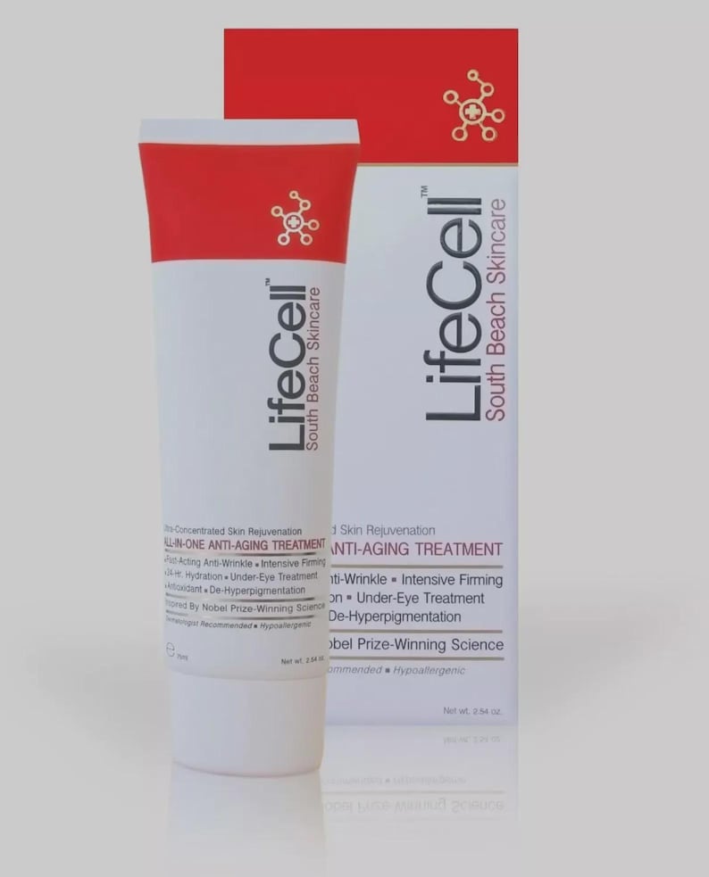 May include: A white and red tube and matching box of LifeCell South Beach Skincare All-In-One Anti-Aging Treatment. The packaging features the brand name, a molecular icon, and text detailing benefits like anti-wrinkle and firming, with a net weight of 2.54 oz.