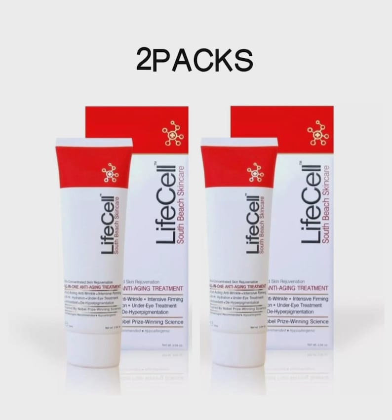 May include: Two white tubes and two matching boxes of LifeCell South Beach Skincare All-In-One Anti-Aging Treatment. The packaging features red tops, black text, and a white molecular icon. The text 2PACKS is displayed in black above the items.