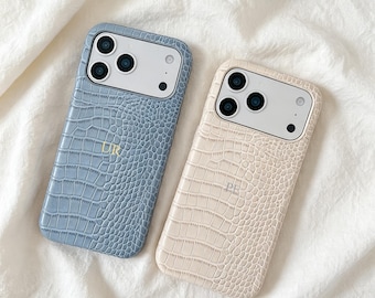 Elegante custodia per iPhone con texture effetto coccodrillo, cover personalizzata in ecopelle vegana compatibile con tutte le serie di iPhone.