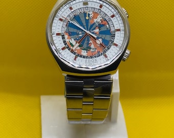 Reloj de hombre Edox Geoscope vintage con esfera de mapa mundial y caja de acero inoxidable