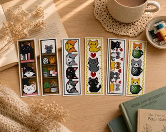 May include: Six rectangular bookmarks featuring pixel art designs of cats. The designs include cats on bookshelves, stacked cat heads, cats with hearts, and cats inside mugs. The bookmarks are printed on white cardstock with colorful, blocky illustrations.
