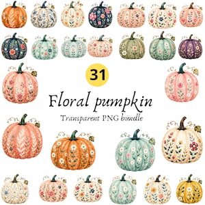 May include: A collection of 31 digital illustrations of pumpkins in various colors, including orange, blue, pink, green, and yellow, each decorated with intricate floral patterns. The text 31 Floral pumpkin Transparent PNG bundle is centered.