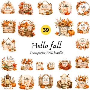Op de afbeelding: Een digitale collectie van 39 herfstthema-illustraties met pompoenen, herfstbladeren, mokken, lantaarns en houten borden met de tekst Hello fall of Hello autumn. Deze afbeeldingen in aquarel-stijl bevatten diverse seizoensgebonden ontwerpen.