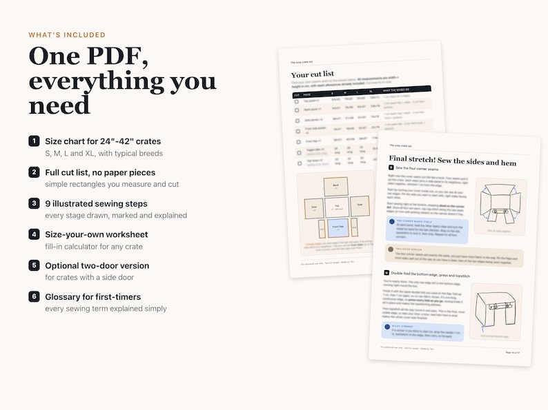 May include: A digital PDF sewing pattern document featuring a cut list, illustrated sewing steps, a size-your-own worksheet for 24-42 inch crates, an optional two-door version, and a glossary. The text includes 'What's included', 'Your cut list', and 'Final stretch! Sew the sides and hem'.