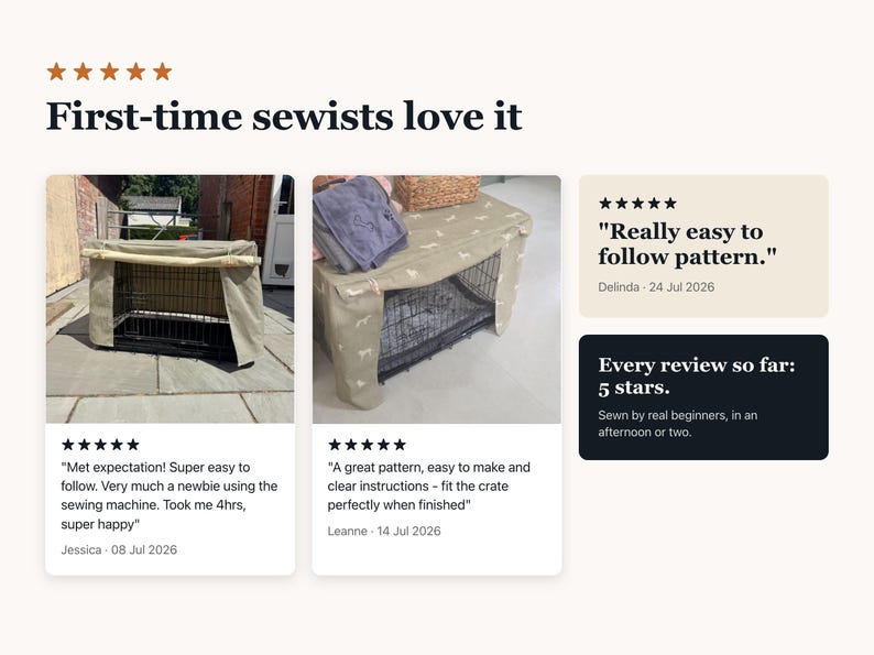 May include: A beige fabric cover for a wire dog crate, featuring a repeating white dog silhouette pattern. The cover drapes over the top and sides of the metal crate. Text on the image includes First-time sewists love it, Really easy to follow pattern, Met expectation, and Every review so far: 5 stars.