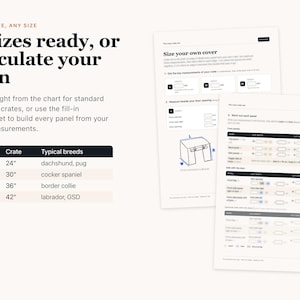 May include: An instructional guide for sizing dog crate covers, featuring a chart for standard 24-inch to 42-inch crates and a worksheet for custom measurements. The text includes '4 sizes ready, or calculate your own' and lists breeds by size.