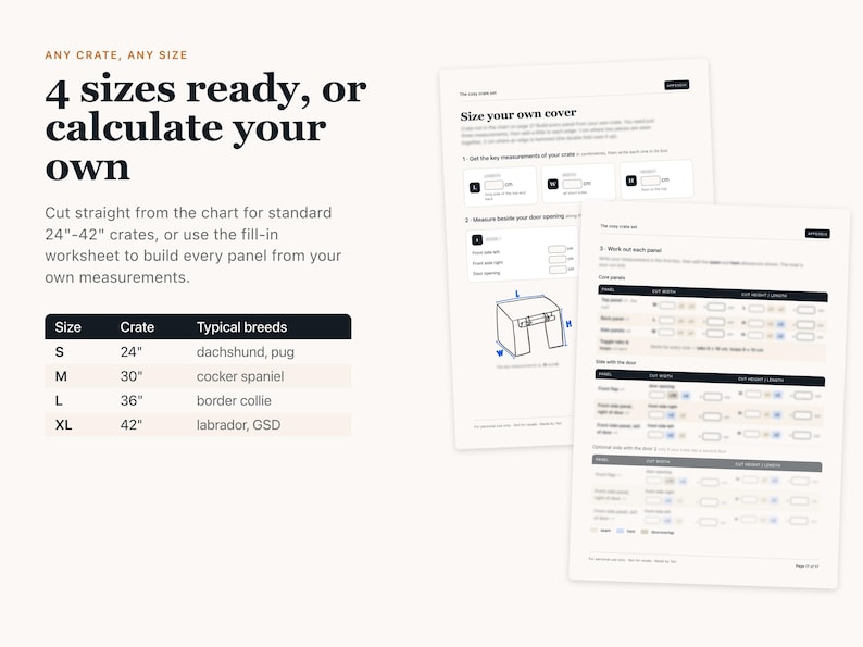 May include: An instructional guide for sizing dog crate covers, featuring a chart for standard 24-inch to 42-inch crates and a worksheet for custom measurements. The text includes '4 sizes ready, or calculate your own' and lists breeds by size.