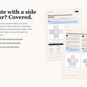 May include: Two pages of a sewing instruction manual titled Crate with a side door? Covered. The document includes a second-door measuring worksheet, a layout map for a two-door version, and sewing notes for creating a roll-up flap for a crate.