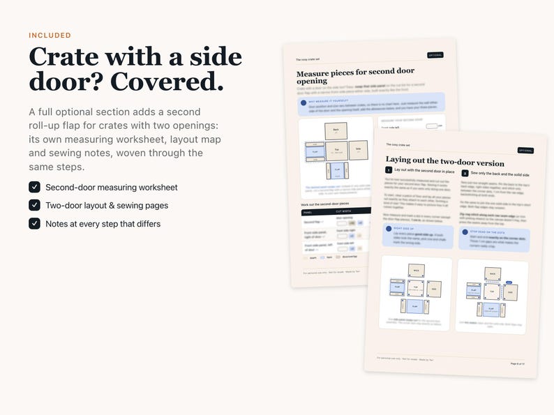 May include: Two pages of a sewing instruction manual titled Crate with a side door? Covered. The document includes a second-door measuring worksheet, a layout map for a two-door version, and sewing notes for creating a roll-up flap for a crate.