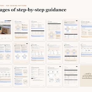 May include: A PDF sewing pattern titled Made by Teri featuring 17 pages of step-by-step guidance for a cosy crate cover. The document includes instructional text, diagrams, tables, and a printable worksheet for sewing projects.