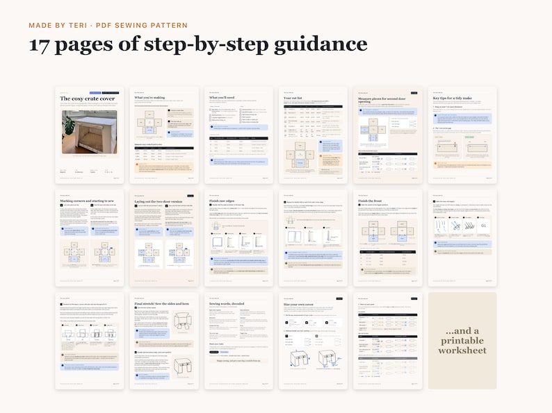 May include: A PDF sewing pattern titled Made by Teri featuring 17 pages of step-by-step guidance for a cosy crate cover. The document includes instructional text, diagrams, tables, and a printable worksheet for sewing projects.