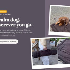 May include: A dark brown rectangular roll-up pet mat featuring a quilted surface, a carrying handle, and metal D-ring attachments. The mat is shown both laid flat on a paved surface with a small dog resting on it and rolled up for transport.