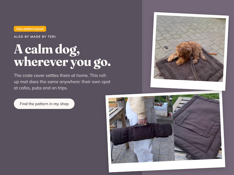 May include: A dark brown rectangular roll-up pet mat featuring a quilted surface, a carrying handle, and metal D-ring attachments. The mat is shown both laid flat on a paved surface with a small dog resting on it and rolled up for transport.