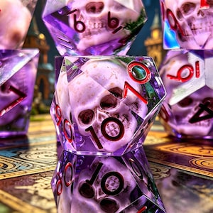 Würfelset mit Totenkopf aus Kunstharz – Obsidian-Kristall-D&D-Rollenspiel-Polyederbeutel