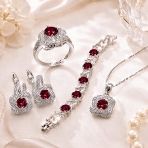 May include: A jewellery set featuring a ring, a pair of earrings, a bracelet, and a pendant necklace. Each piece is crafted from silver-toned metal, set with a round, deep red gemstone, and accented with small, clear, sparkling pavé-set stones.