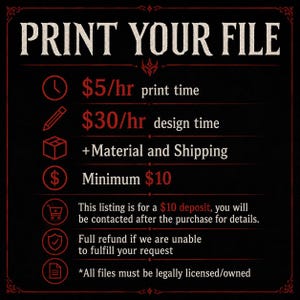 以下が含まれることがあります： PRINT YOUR FILEというタイトルの黒いインフォグラフィック。赤いアイコンと白いテキストで構成され、印刷時間5ドル/時間、デザイン時間30ドル/時間、材料費、最低料金10ドル、デポジットの詳細、およびライセンス要件などのサービス料金が記載されています。