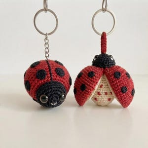 Può includere: Due portachiavi a forma di coccinella all'uncinetto con anelli in metallo argentato. La coccinella a sinistra è rotonda, rossa con pois neri e testa nera. Quella a destra ha ali rosse aperte con pois neri e un corpo color crema.