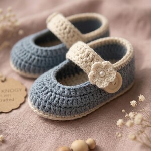 Crochet Baby Booties Pattern PDF, Blue Cream Button Strap Shoes (0-6 Months)