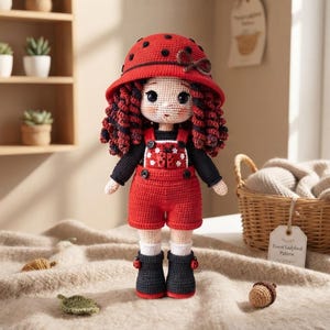 Può includere: Una bambola all'uncinetto fatta a mano con capelli scuri ricci, che indossa un cappello rosso con motivo a coccinella, una maglia nera a maniche lunghe, una salopette rossa con motivo a coccinella, calzini bianchi e stivali scuri con dettagli.