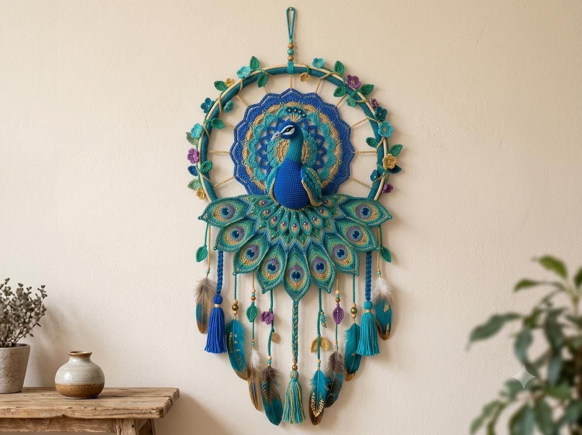 24 Crochet Dreamcatcher Patterns: 24 Beautiful Designs 8 Boho Peacock Crochet Wall Hanging