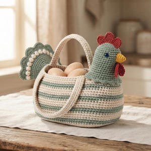 May include: A crochet basket shaped like a chicken with a sage green and cream striped body. The basket features a sage green tail with cream accents, a red comb and wattle, a yellow beak, and a blue eye. Three light brown eggs sit inside.