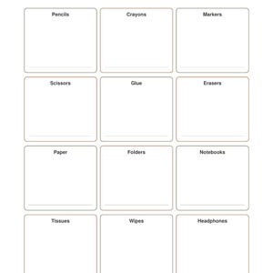 May include: A printable sheet of Classroom Supply Labels with the text Classroom Supply Labels and Editable, neutral at the top. It features twelve rectangular boxes with thin brown borders, each labeled with school supplies like Pencils, Crayons, Markers, Scissors, Glue, Erasers, Paper, Folders, Notebooks, Tissues, Wipes, and Headphones.