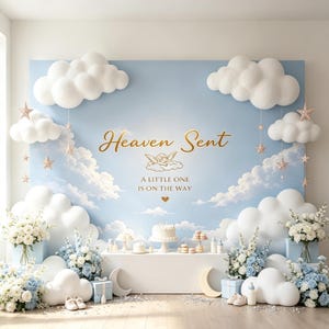 Heaven Sent Baby Shower Backdrop, Blue Sky Clouds Angel Banner,A Little One Is On The Way Decoration