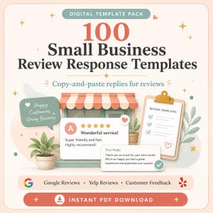 Può includere: Un pacchetto di modelli digitali intitolato 100 Small Business Review Response Templates. La grafica presenta una vetrina, una cartellina e fumetti di recensione con testo che include Happy Customers, Strong Business e Google Reviews.