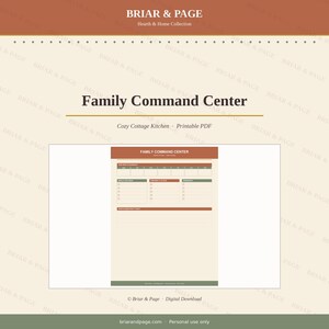 May include: A printable PDF family command centre planner featuring a weekly schedule, sections for meals, chores, and reminders, and a notes area. The document uses a colour palette of terracotta, sage green, and cream with dark brown text.