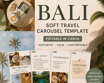 Bali Itinerary Instagram Carousel Template | Canva Travel Social Media Template | Bali Travel Guide Post | Editable Digital Download