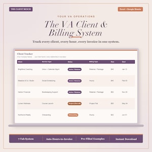 以下が含まれることがあります： ExcelおよびGoogleスプレッドシート用の「The VA Client & Billing System」というタイトルのデジタルスプレッドシートテンプレート。クライアント名、サービスタイプ、ステータス、請求タイプ、料金、開始日の列があるクライアントトラッカーテーブルと、7つのタブシステムが含まれています。