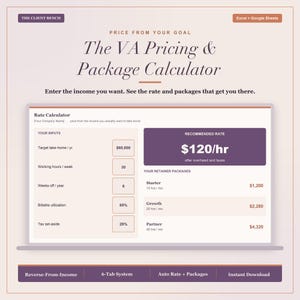 Op de afbeelding: Een digitale spreadsheet-interface getiteld The VA Pricing & Package Calculator. Het bevat invoervelden voor het doelinkomen, werkuren en belastingtarieven, naast een aanbevolen tarief van $120/uur en drie opties voor retentiepakketten.