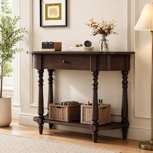 May include: A dark brown wooden console table featuring a single drawer with a small black knob, four turned legs, and a lower shelf. Two woven wicker baskets sit on the bottom shelf, while the top surface holds a radio, books, and a glass vase.