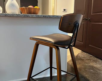 Counter Height Bar Stools Set of 2 Faux Leather Walnut Accent Chairs