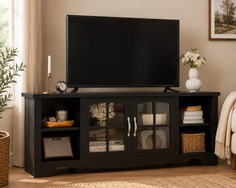 Farmhouse TV Stand with Glass Doors Entertainment Center for TVs up to 65