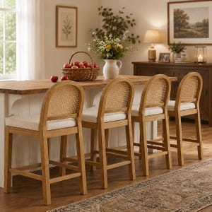 May include: Four light wood bar stools with rounded backs featuring woven cane inserts and off-white upholstered seats. The stools are arranged in a row along a wooden kitchen island, providing seating for a counter or high table setup.