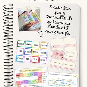 Puede incluir: Una página de cuaderno de espiral titulada TALLERES DE CONJUGACIÓN con materiales educativos para la conjugación de verbos en español. Incluye una foto de un tablero de juego, una cuadrícula de tarjetas de verbos, tarjetas de tiempos y una nube.