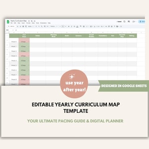 Könnte beinhalten: Eine bearbeitbare Vorlage für einen jährlichen Lehrplan, erstellt in Google Sheets. Der digitale Planer zeigt eine Tabellenkalkulationsoberfläche mit Spalten für Daten, Morgenarbeit, Mathe, Naturwissenschaften, Sozialkunde und Schreiben.