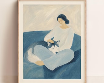 Retrato personalizado de perro / Husky en el regazo de una mujer / Arte mural contemporáneo para mascotas