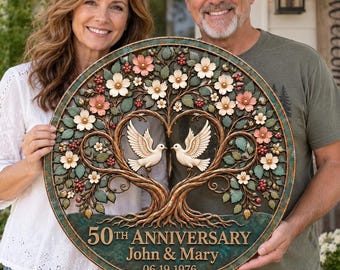Personalized Tree Of Life  Anniversary Sign, Custom Couple Name Metal Wall Art, Tree of Life with Doves, 50 Years Together Gift for Parents