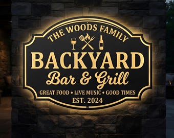 Personalized Backyard Bar LED Sign, Custom Backyard Metal Wall Decor, Backyard Grill Sign, Outdoor Patio Decor
