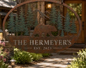 Personalized Bear Metal Sign, Custom Family Name Sign, Mountain Cabin Decor, Rustic Forest Wall Art, Outdoor Lodge Sign