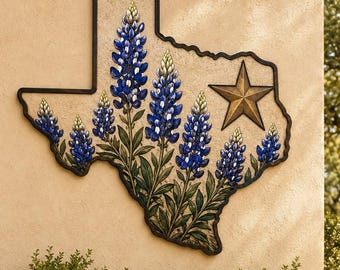Texas Bluebonnet Wall Art, State Shape Metal Decor, Lone Star Floral Wall Hanging, Rustic Texas Home Porch Decoration