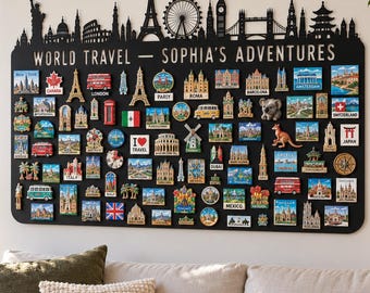 Personalized Travel Magnet Board, Custom World Travel Display, Adventure Souvenir Organizer, Landmark Wall Decor, Traveler Gift