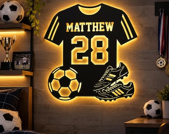 Gepersonaliseerd metalen voetbalbord met ledverlichting, op maat gemaakt met spelersnaam en rugnummer, muurdecoratie voor de slaapkamer, cadeau voor voetballers